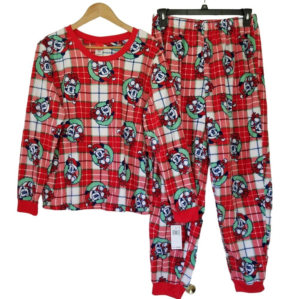 Disney Mickey Mouse Fleece Pajama Set‎ Womens Size L Red Plaid NWT